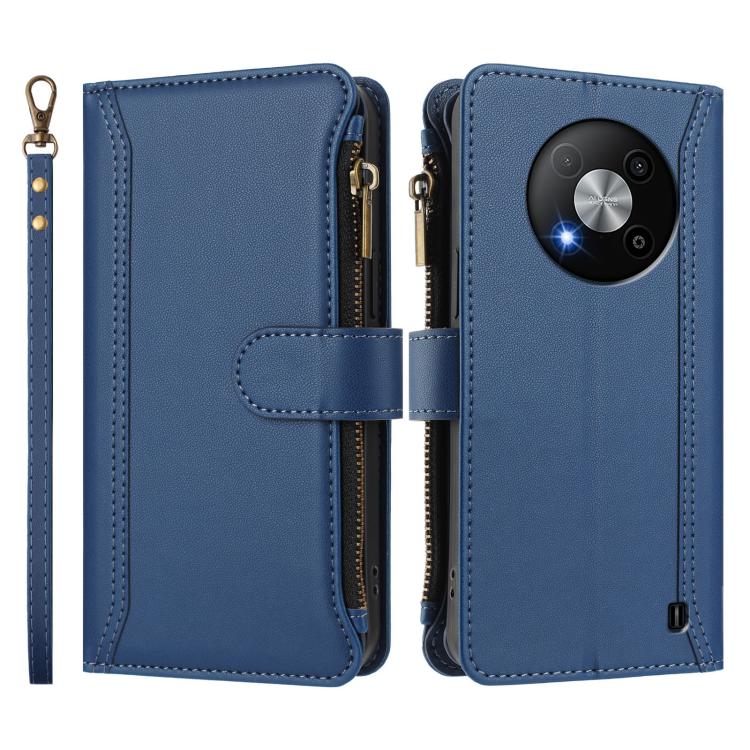 For ZTE Blade A73 5G Magnetic Closure 9 Card Slots Zipper Leather Case with Hand Strap