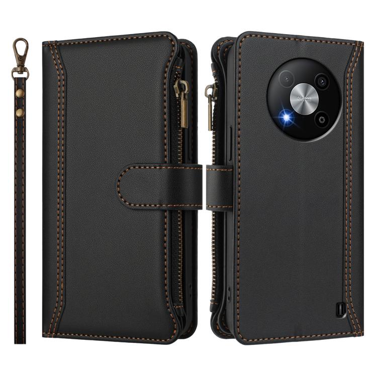 For ZTE Blade A73 5G Magnetic Closure 9 Card Slots Zipper Leather Case with Hand Strap