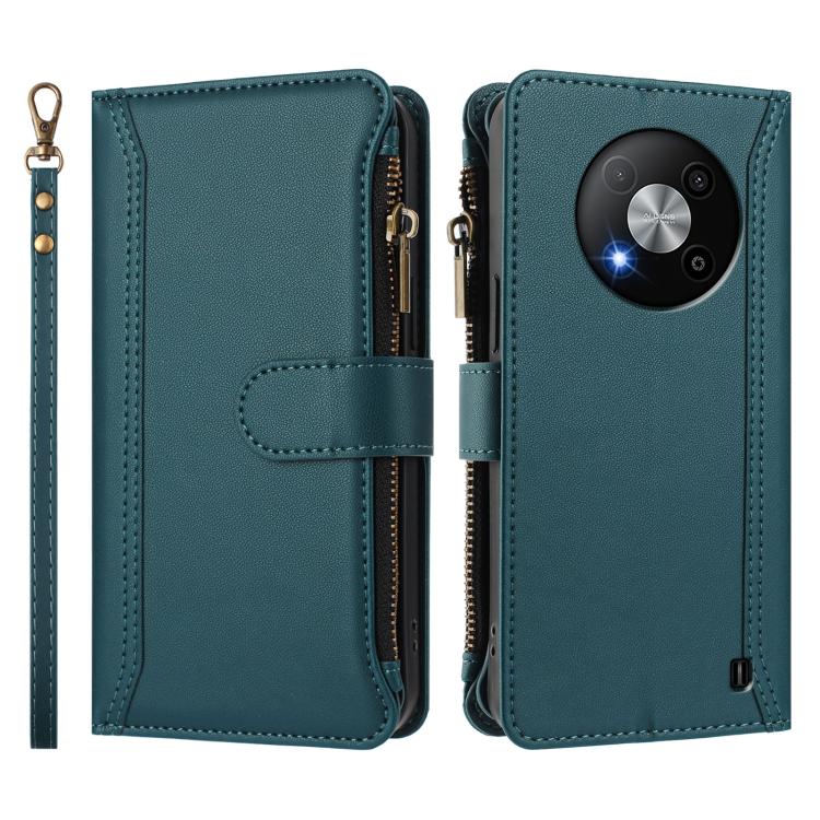 For ZTE Blade A73 5G Magnetic Closure 9 Card Slots Zipper Leather Case with Hand Strap