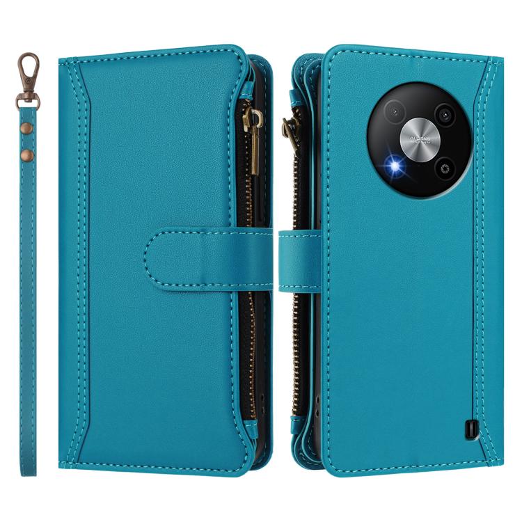 For ZTE Blade A73 5G Magnetic Closure 9 Card Slots Zipper Leather Case with Hand Strap