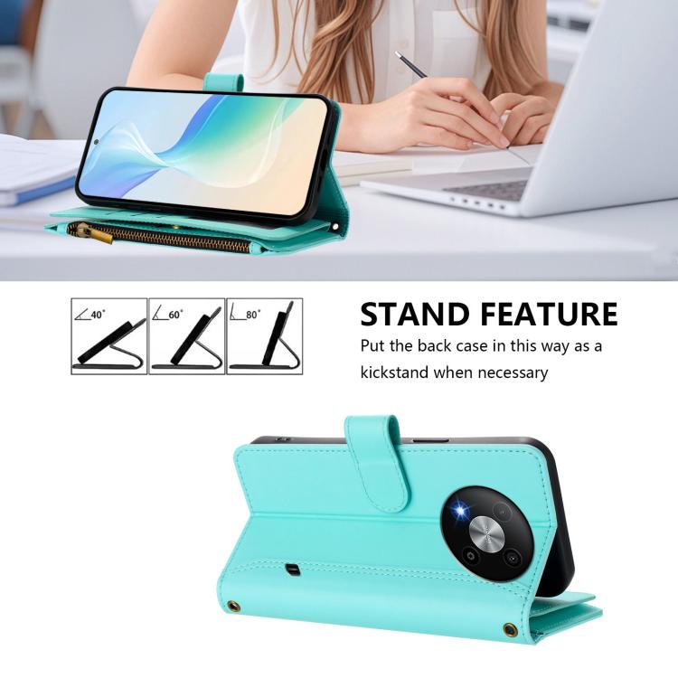 For ZTE Blade A73 5G Magnetic Closure 9 Card Slots Zipper Leather Case with Hand Strap