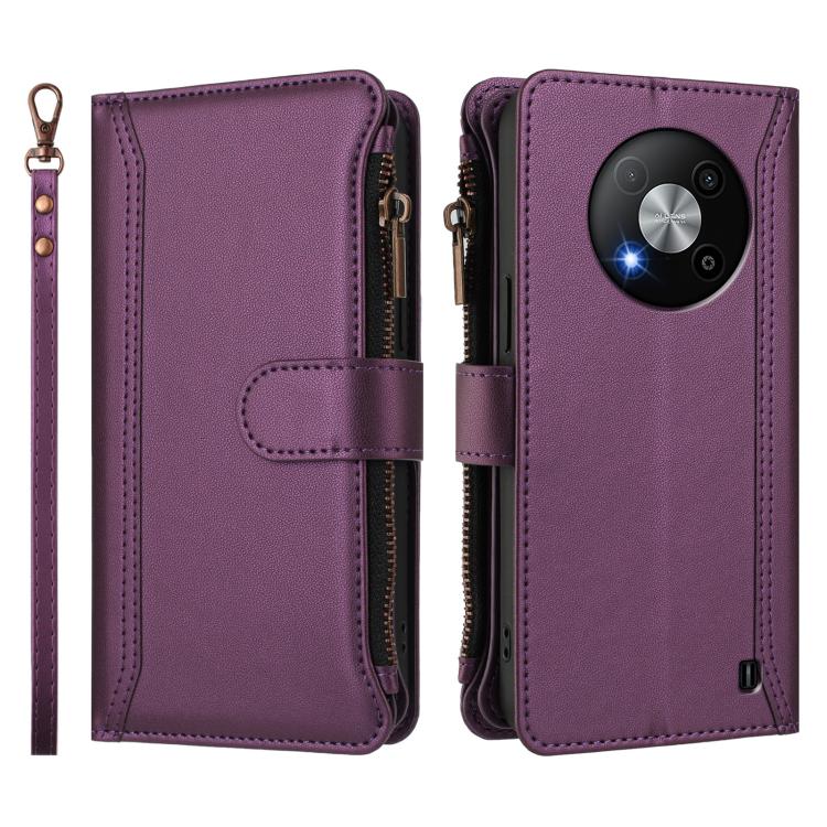 For ZTE Blade A73 5G Magnetic Closure 9 Card Slots Zipper Leather Case with Hand Strap