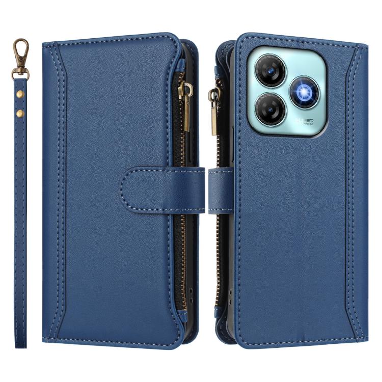 For ZTE Blade A75 4G Magnetic Closure 9 Card Slots Zipper Leather Case with Hand Strap