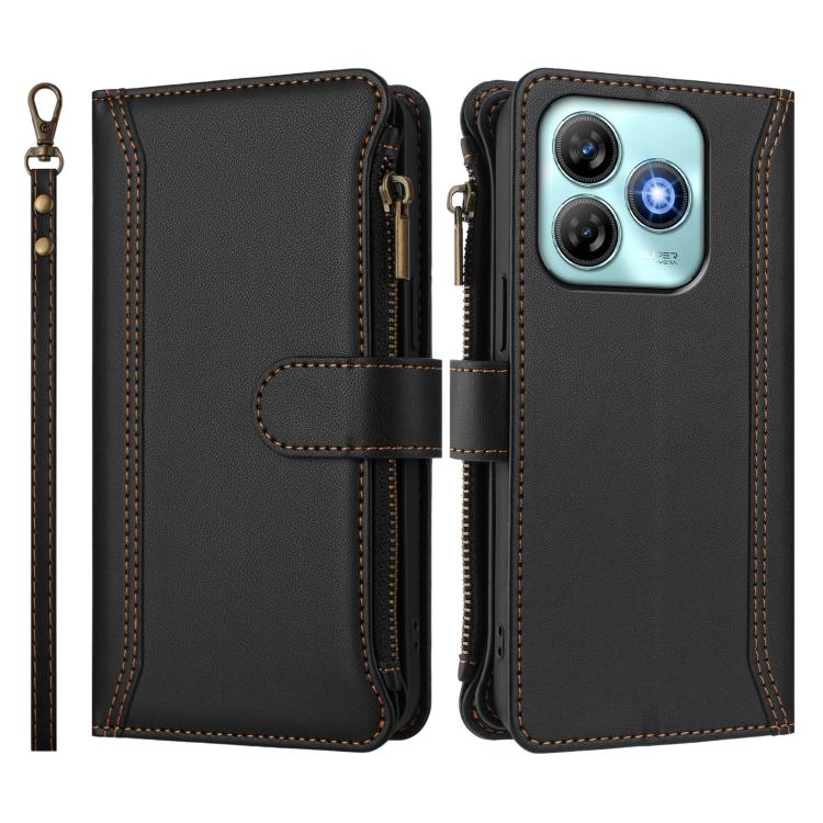 For ZTE Blade A75 4G Magnetic Closure 9 Card Slots Zipper Leather Case with Hand Strap