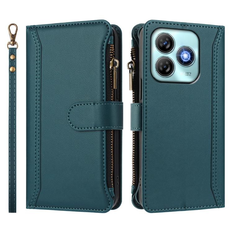 For ZTE Blade A75 4G Magnetic Closure 9 Card Slots Zipper Leather Case with Hand Strap