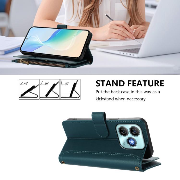 For ZTE Blade A75 4G Magnetic Closure 9 Card Slots Zipper Leather Case with Hand Strap