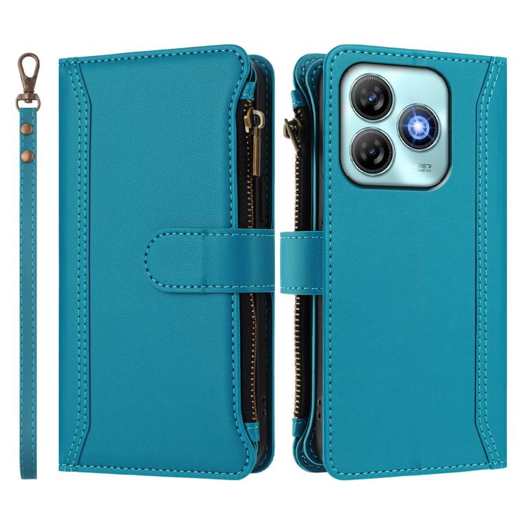 For ZTE Blade A75 4G Magnetic Closure 9 Card Slots Zipper Leather Case with Hand Strap