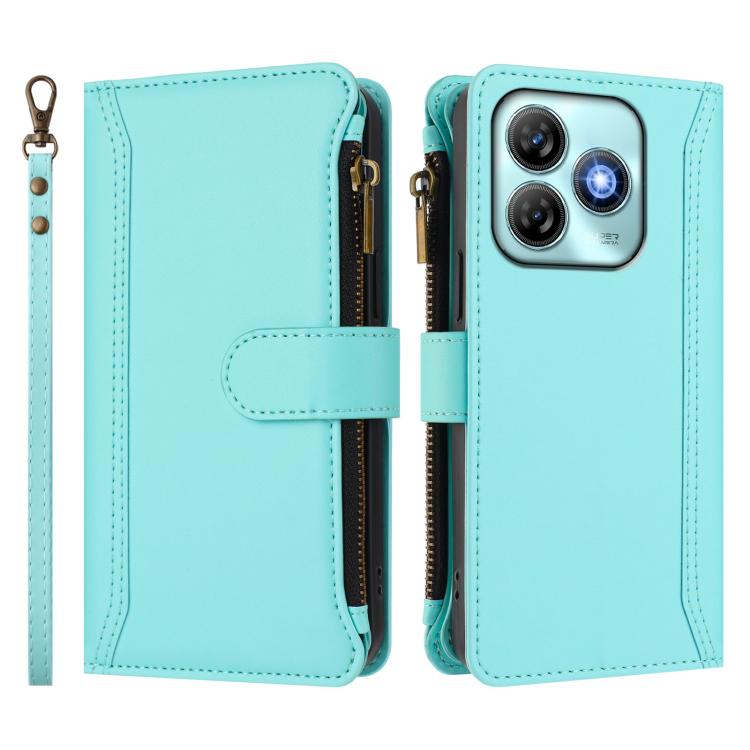 For ZTE Blade A75 4G Magnetic Closure 9 Card Slots Zipper Leather Case with Hand Strap