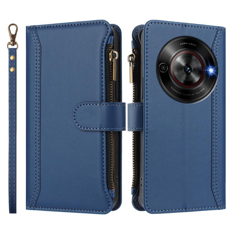 For ZTE Blade A75 5G / Nubia Focus 5G Magnetic Closure 9 Card Slots Zipper Leather Case with Hand Strap