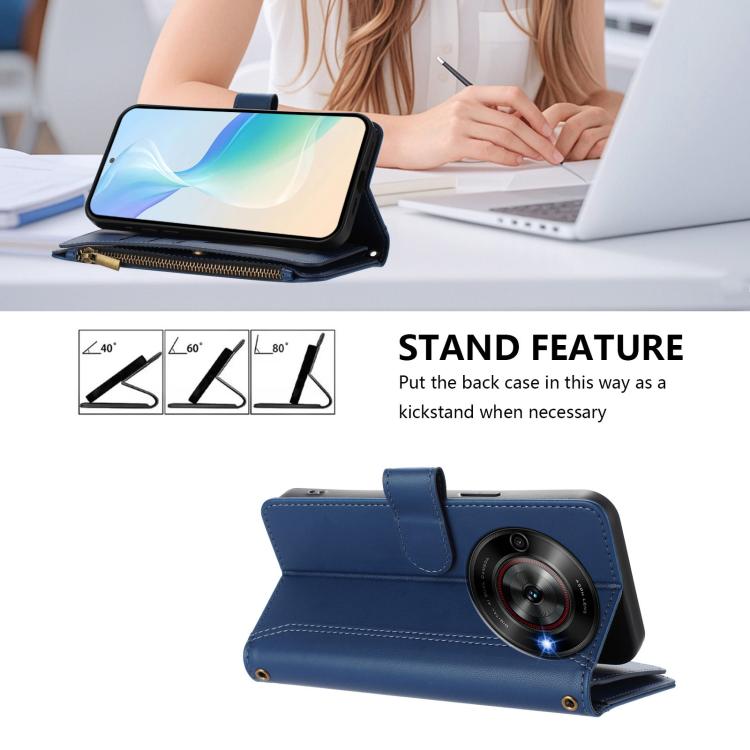 For ZTE Blade A75 5G / Nubia Focus 5G Magnetic Closure 9 Card Slots Zipper Leather Case with Hand Strap