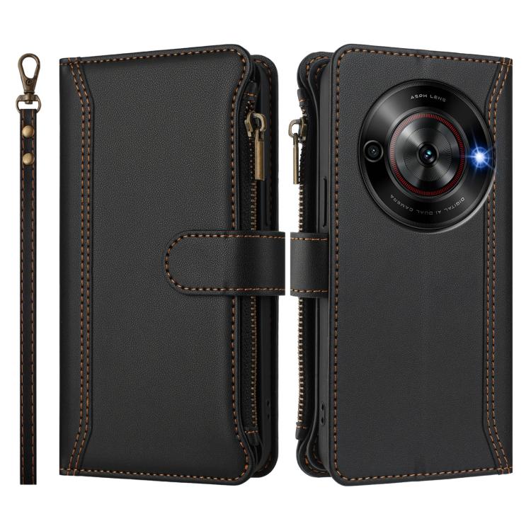 For ZTE Blade A75 5G / Nubia Focus 5G Magnetic Closure 9 Card Slots Zipper Leather Case with Hand Strap