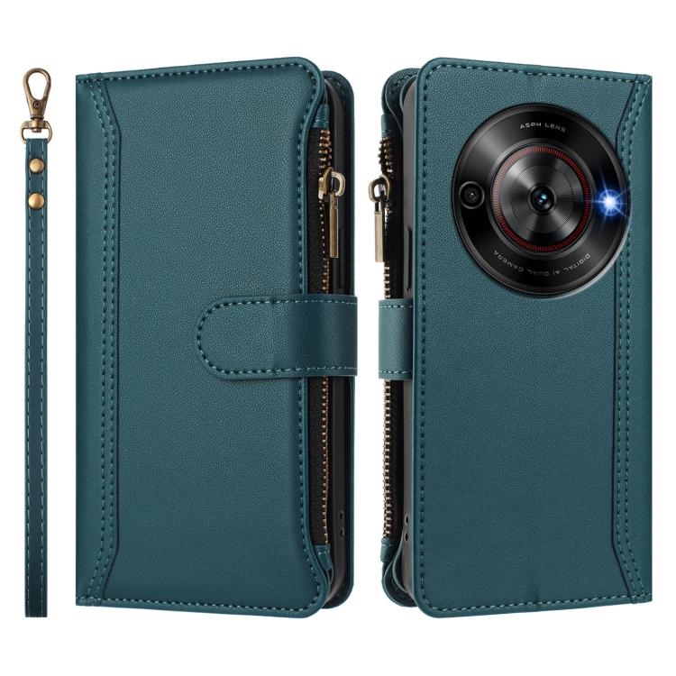 For ZTE Blade A75 5G / Nubia Focus 5G Magnetic Closure 9 Card Slots Zipper Leather Case with Hand Strap