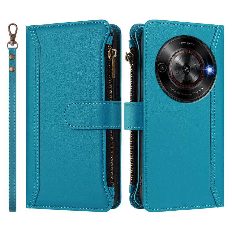 For ZTE Blade A75 5G / Nubia Focus 5G Magnetic Closure 9 Card Slots Zipper Leather Case with Hand Strap