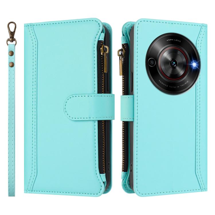 For ZTE Blade A75 5G / Nubia Focus 5G Magnetic Closure 9 Card Slots Zipper Leather Case with Hand Strap