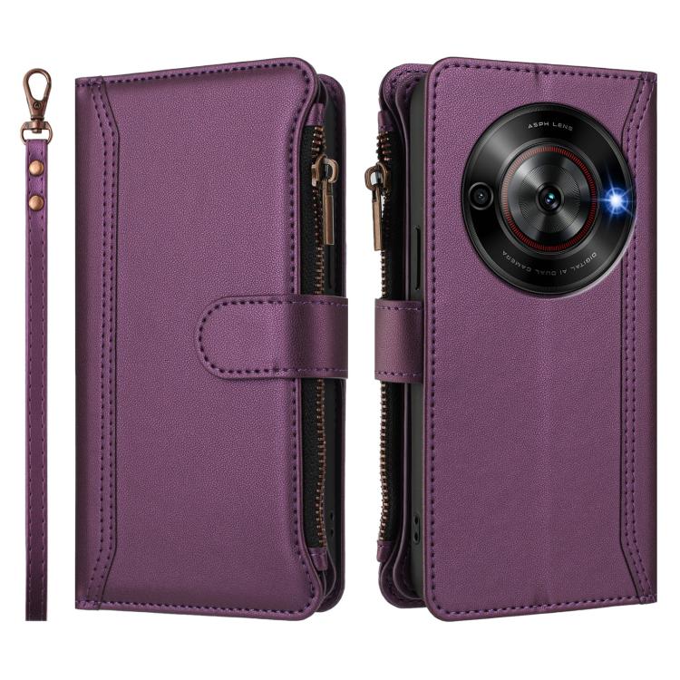 For ZTE Blade A75 5G / Nubia Focus 5G Magnetic Closure 9 Card Slots Zipper Leather Case with Hand Strap