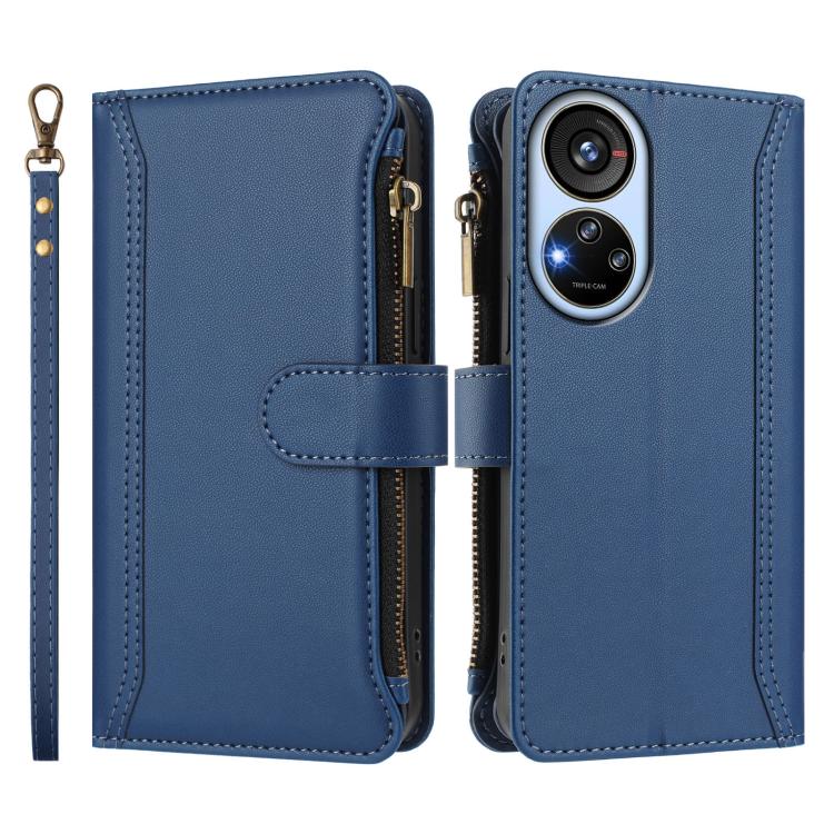 For ZTE Blade V40s Magnetic Closure 9 Card Slots Zipper Leather Case with Hand Strap