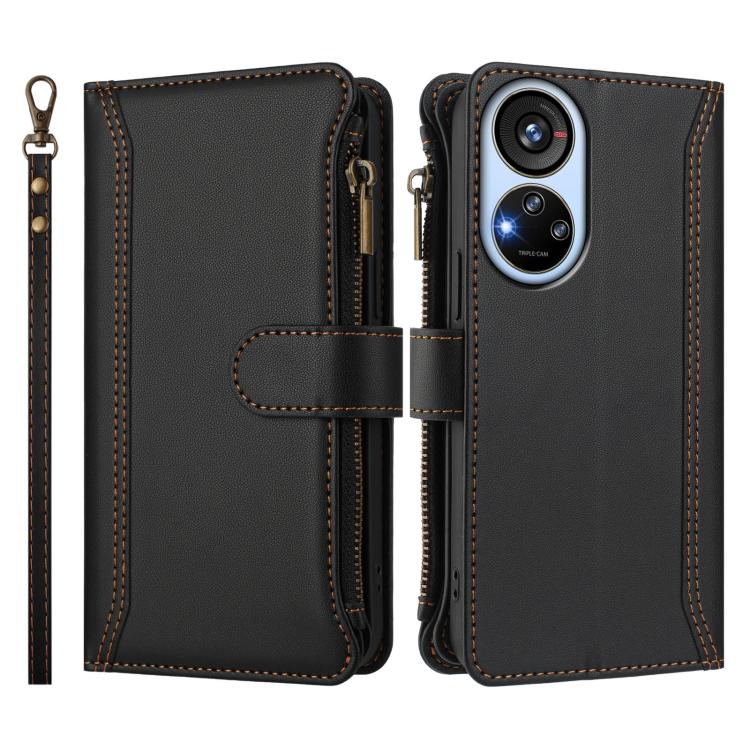 For ZTE Blade V40s Magnetic Closure 9 Card Slots Zipper Leather Case with Hand Strap