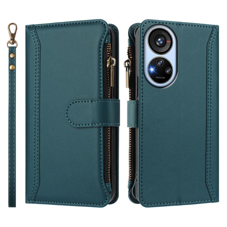 For ZTE Blade V40s Magnetic Closure 9 Card Slots Zipper Leather Case with Hand Strap