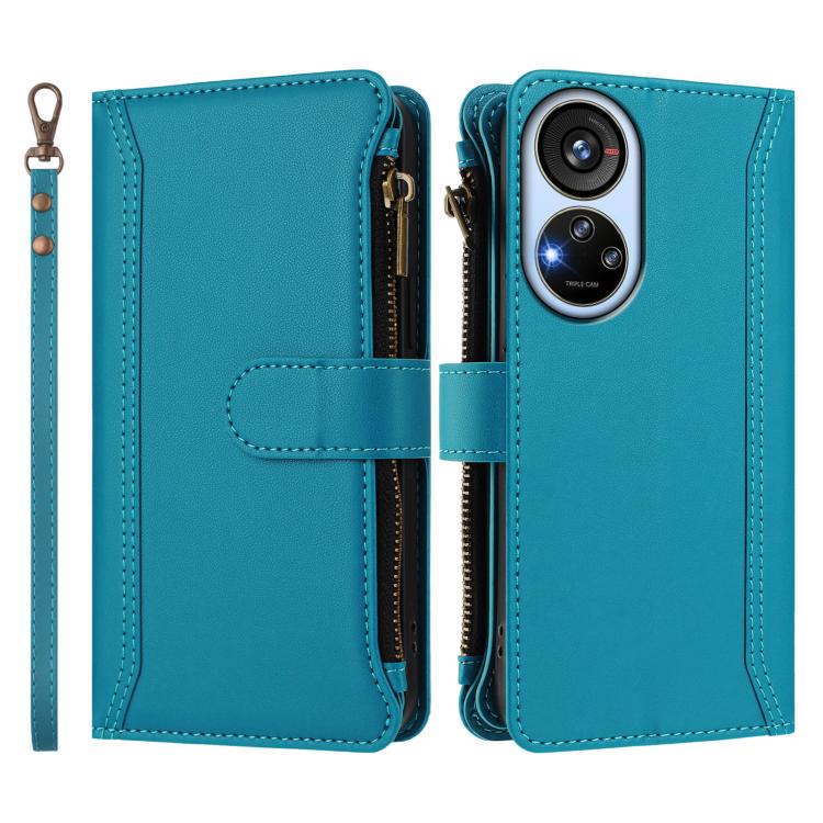 For ZTE Blade V40s Magnetic Closure 9 Card Slots Zipper Leather Case with Hand Strap
