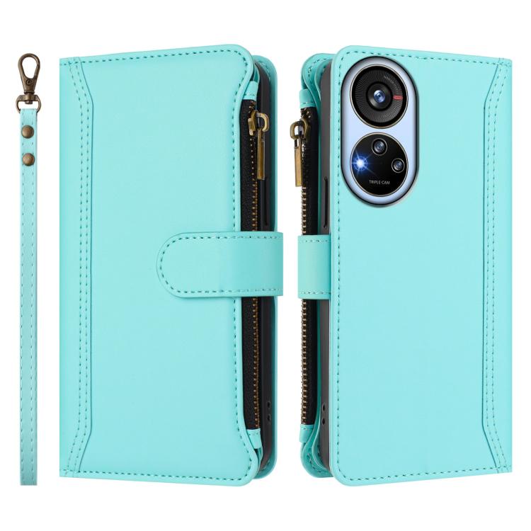 For ZTE Blade V40s Magnetic Closure 9 Card Slots Zipper Leather Case with Hand Strap