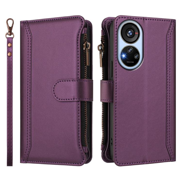 For ZTE Blade V40s Magnetic Closure 9 Card Slots Zipper Leather Case with Hand Strap