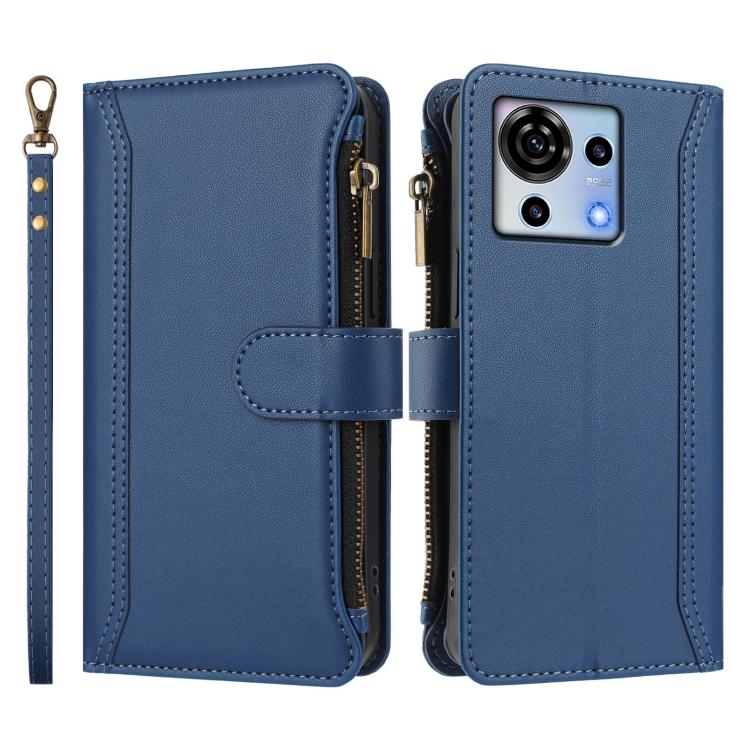 For ZTE Blade V50 Vita Magnetic Closure 9 Card Slots Zipper Leather Case with Hand Strap