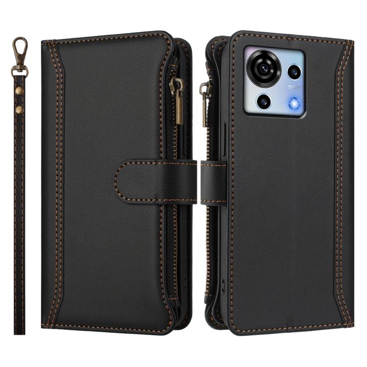 For ZTE Blade V50 Vita Magnetic Closure 9 Card Slots Zipper Leather Case with Hand Strap