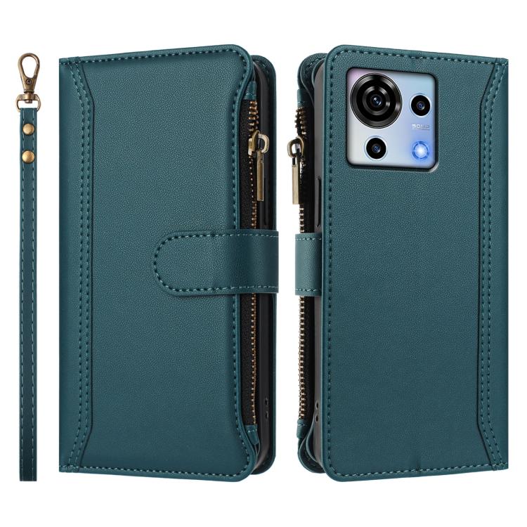 For ZTE Blade V50 Vita Magnetic Closure 9 Card Slots Zipper Leather Case with Hand Strap