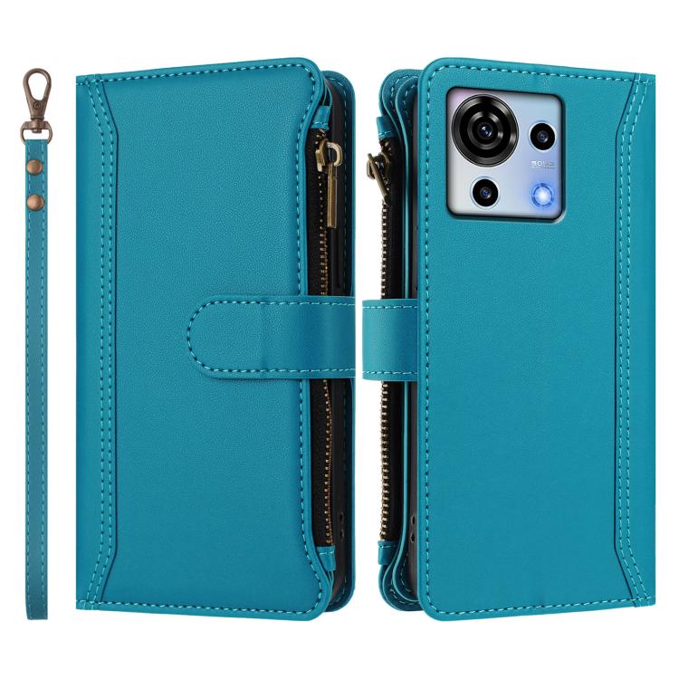 For ZTE Blade V50 Vita Magnetic Closure 9 Card Slots Zipper Leather Case with Hand Strap