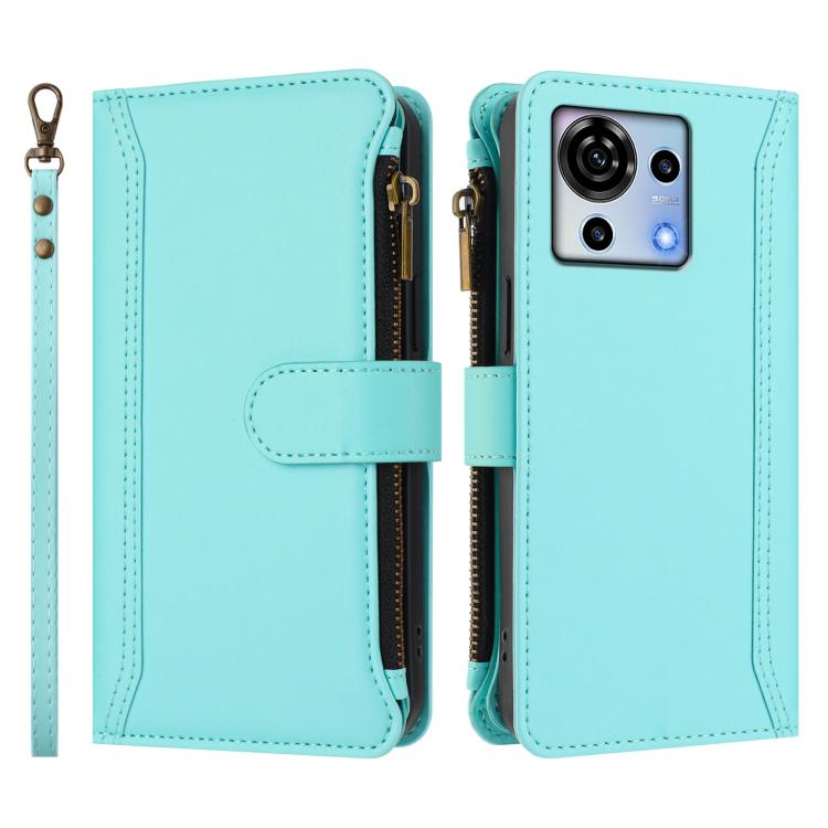 For ZTE Blade V50 Vita Magnetic Closure 9 Card Slots Zipper Leather Case with Hand Strap