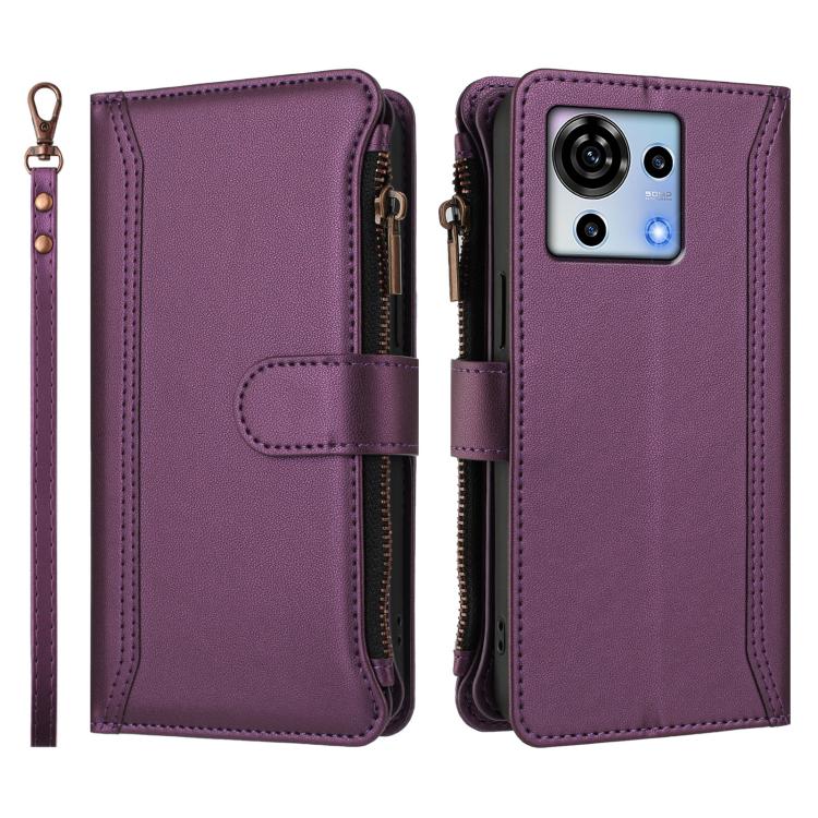 For ZTE Blade V50 Vita Magnetic Closure 9 Card Slots Zipper Leather Case with Hand Strap