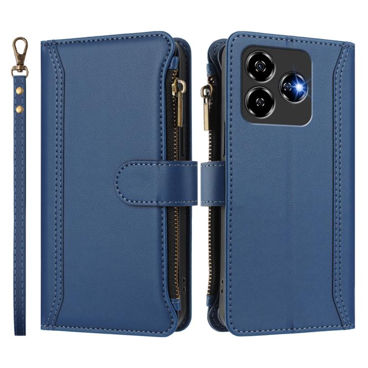 For ZTE Blade V60 Vita / V60 Design Magnetic Closure 9 Card Slots Zipper Leather Case with Hand Strap