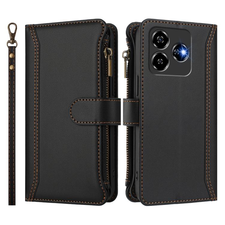 For ZTE Blade V60 Vita / V60 Design Magnetic Closure 9 Card Slots Zipper Leather Case with Hand Strap
