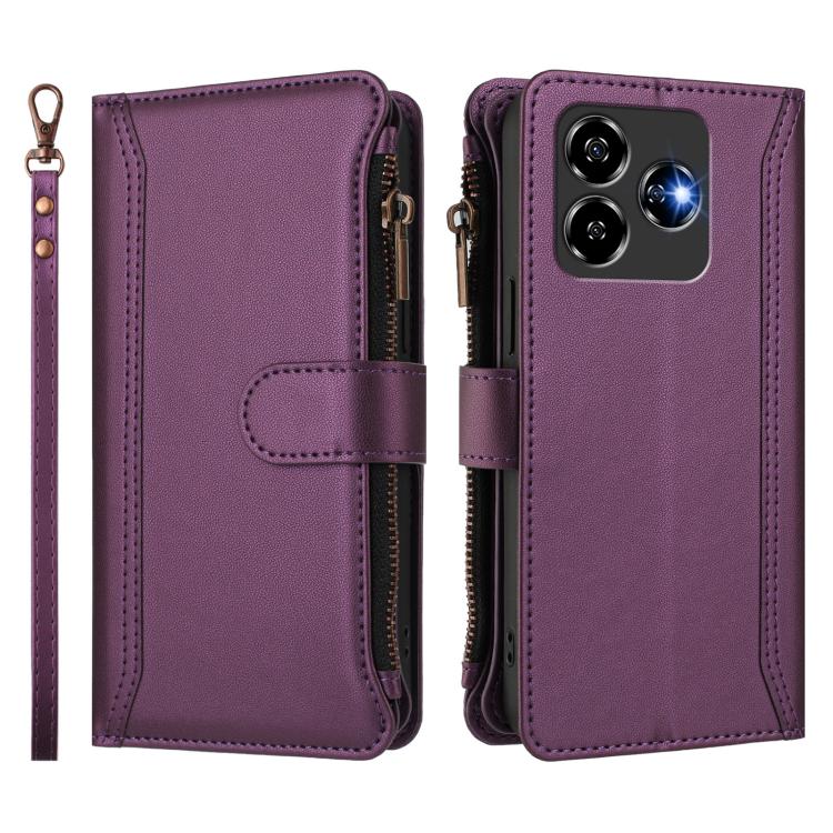For ZTE Blade V60 Vita / V60 Design Magnetic Closure 9 Card Slots Zipper Leather Case with Hand Strap