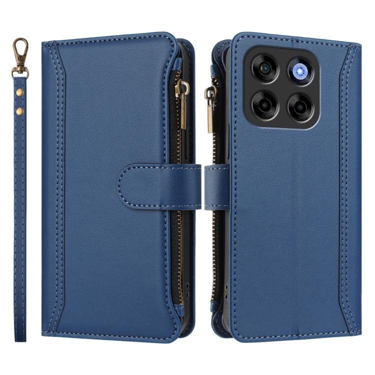 For ZTE Blade V70 Magnetic Closure 9 Card Slots Zipper Leather Case with Hand Strap