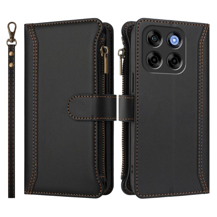 For ZTE Blade V70 Magnetic Closure 9 Card Slots Zipper Leather Case with Hand Strap