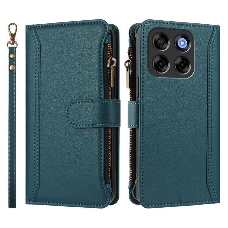 For ZTE Blade V70 Magnetic Closure 9 Card Slots Zipper Leather Case with Hand Strap