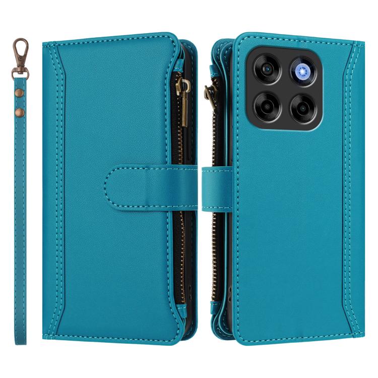 For ZTE Blade V70 Magnetic Closure 9 Card Slots Zipper Leather Case with Hand Strap