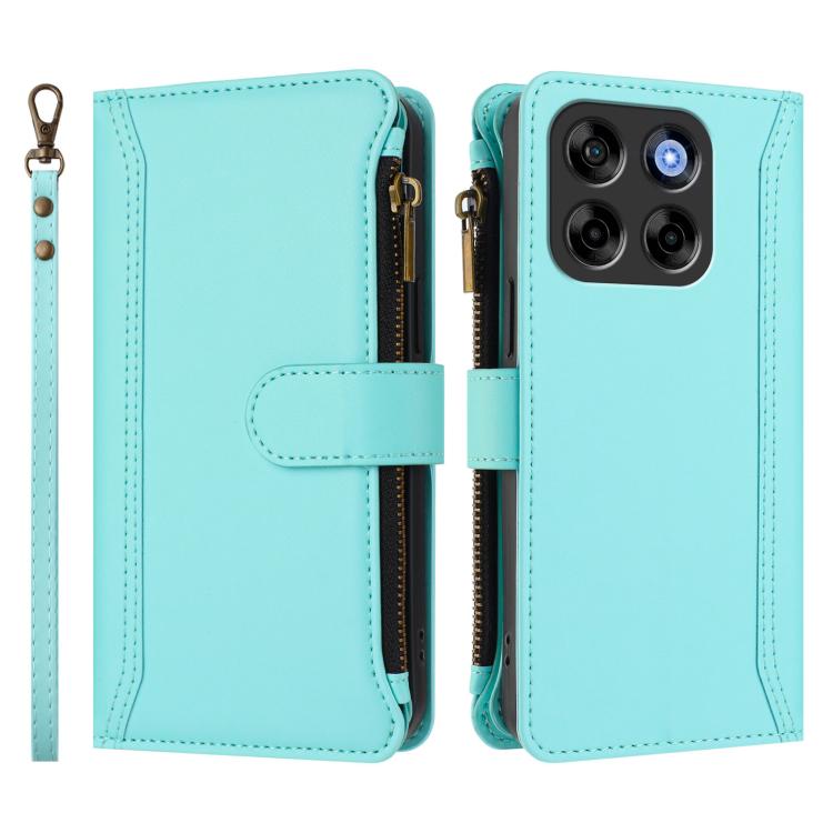 For ZTE Blade V70 Magnetic Closure 9 Card Slots Zipper Leather Case with Hand Strap