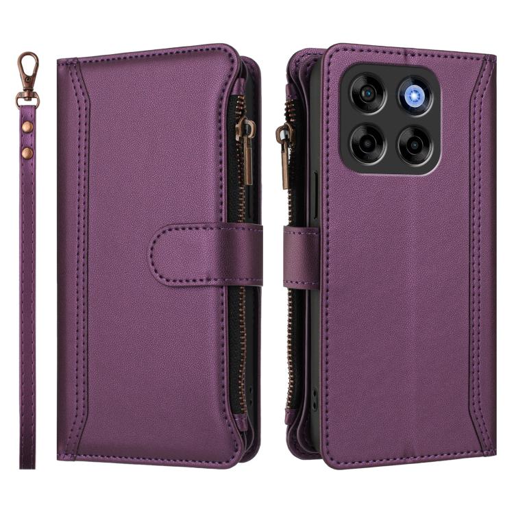 For ZTE Blade V70 Magnetic Closure 9 Card Slots Zipper Leather Case with Hand Strap