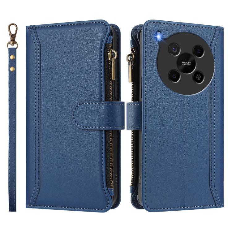 For ZTE Blade V70 Max Magnetic Closure 9 Card Slots Zipper Leather Case with Hand Strap