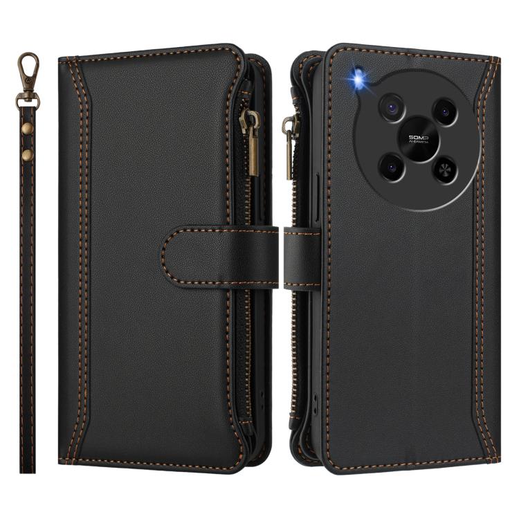 For ZTE Blade V70 Max Magnetic Closure 9 Card Slots Zipper Leather Case with Hand Strap