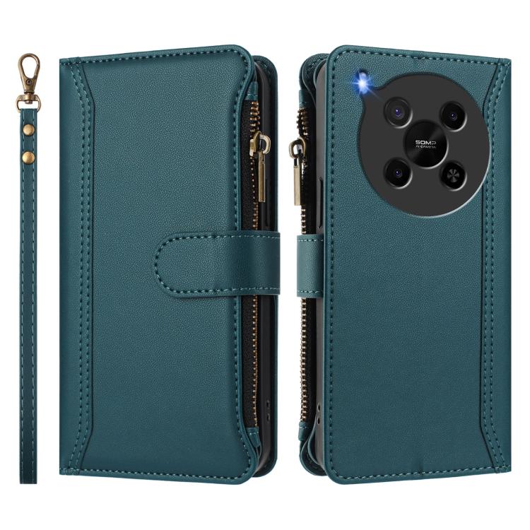 For ZTE Blade V70 Max Magnetic Closure 9 Card Slots Zipper Leather Case with Hand Strap