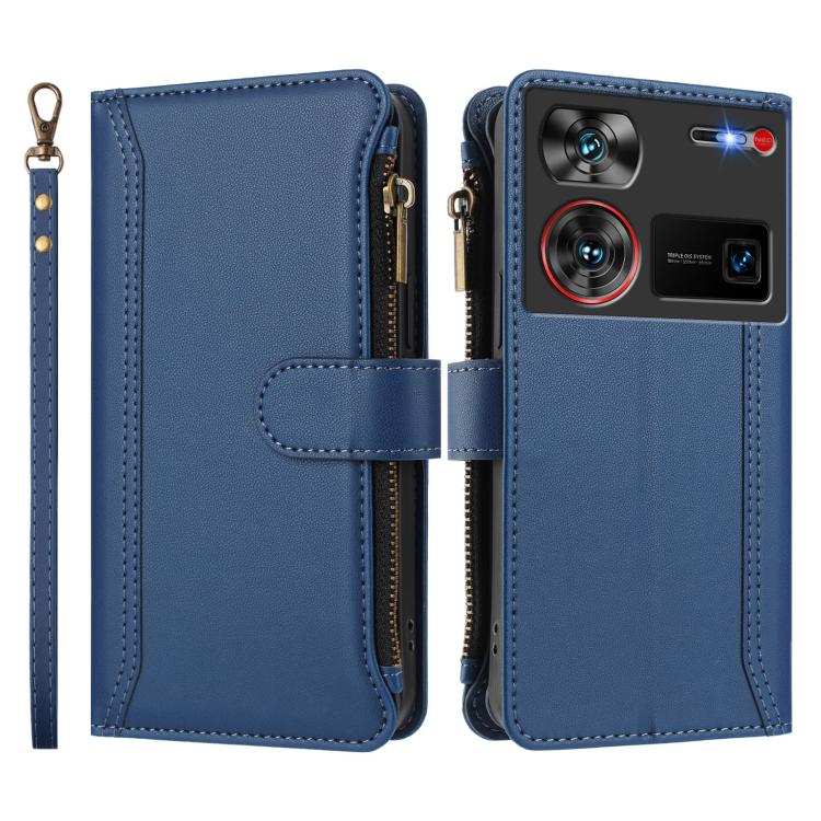For ZTE Nubia Z60 Ultra Magnetic Closure 9 Card Slots Zipper Leather Case with Hand Strap