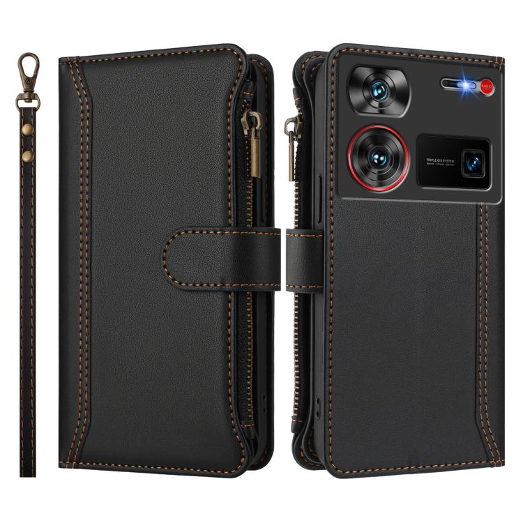 For ZTE Nubia Z60 Ultra Magnetic Closure 9 Card Slots Zipper Leather Case with Hand Strap
