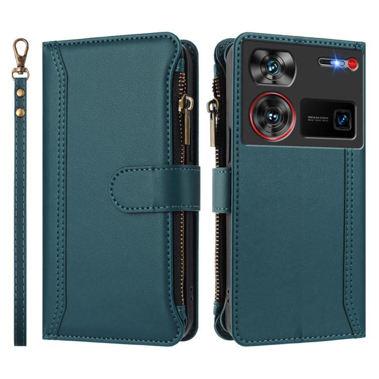 For ZTE Nubia Z60 Ultra Magnetic Closure 9 Card Slots Zipper Leather Case with Hand Strap