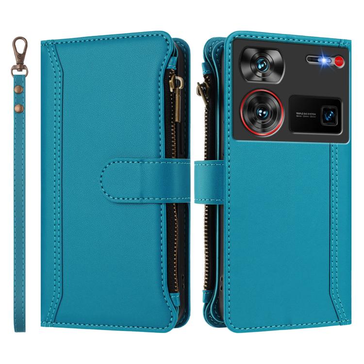 For ZTE Nubia Z60 Ultra Magnetic Closure 9 Card Slots Zipper Leather Case with Hand Strap