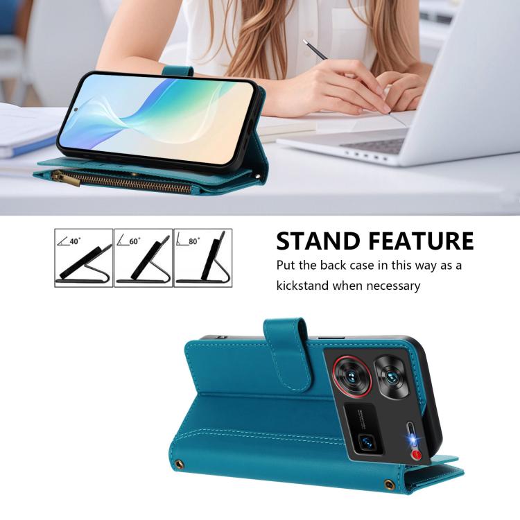 For ZTE Nubia Z60 Ultra Magnetic Closure 9 Card Slots Zipper Leather Case with Hand Strap