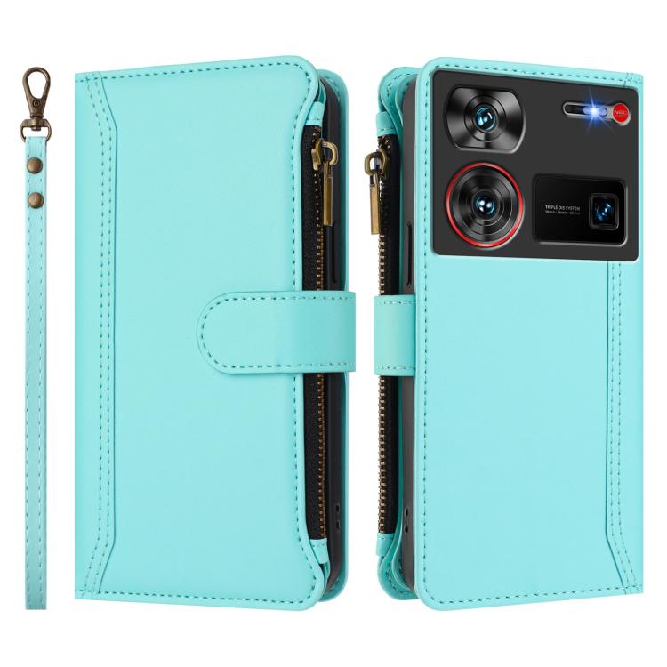 For ZTE Nubia Z60 Ultra Magnetic Closure 9 Card Slots Zipper Leather Case with Hand Strap