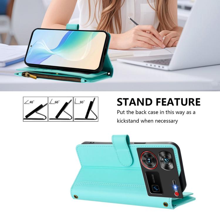 For ZTE Nubia Z60 Ultra Magnetic Closure 9 Card Slots Zipper Leather Case with Hand Strap